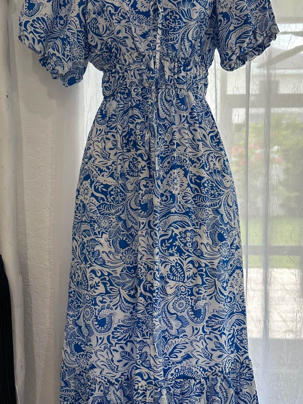 Blue and White Floral Midi Dress - Medium Women